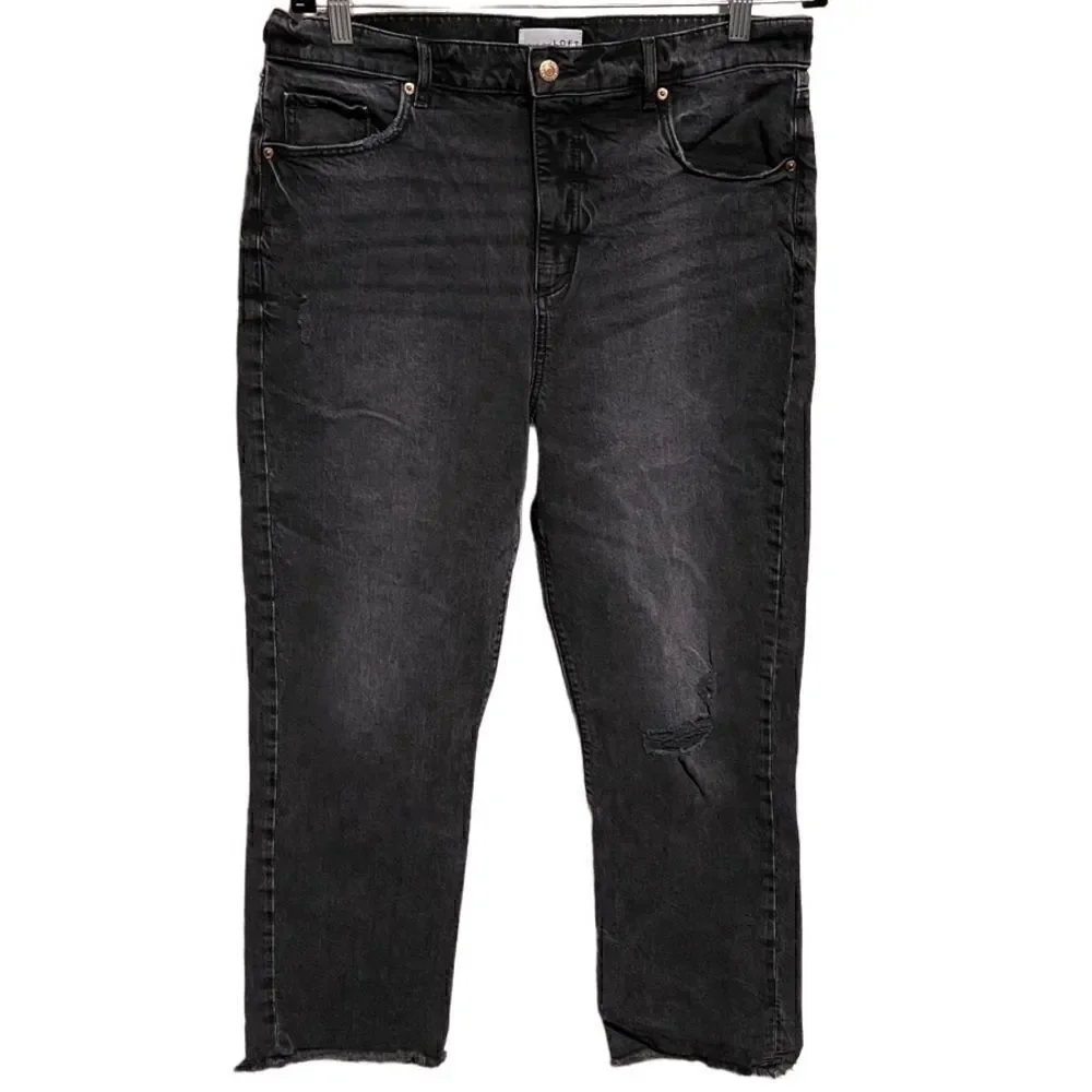 LOFT- THE STRAIGHT CROP Black Wash Semi Distressed Raw Hem Jeans, Size 12/ 31